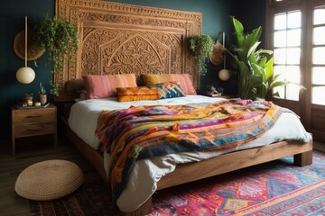 Wall Mural - A cozy Global bedroom with a carved wood headboard, colorful textiles, and a natural woven rug, generative ai