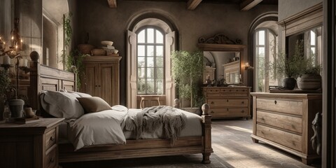 Wall Mural - A rustic bedroom featuring distressed furniture and subtle vintage accents, generative ai