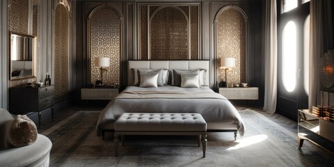 Wall Mural - A chic Moroccan Bedroom with a statement-making oversized velvet headboard, metallic accents, and luxe fabrics throughout, generative ai