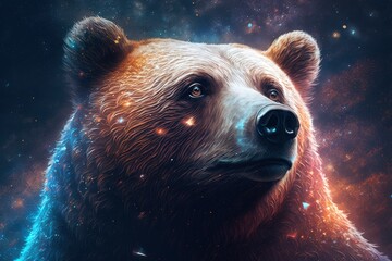 colorful bear in space surrounded by nebulas galaxy,  style of realistic hyper-detailed rendering, precisionist art animal portrait, generative ai