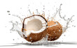 Fresh whole and half coconut fruit with water splash isolated on white background. Fresh coconut fruit dropped into water with a splash. Generative AI.