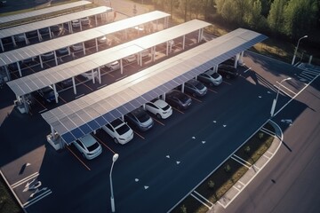 A modern solar carport for public vehicle parking is outfitted with solar panels producing renewable energy. Generative AI.