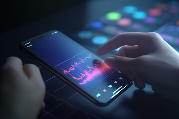 Crypto trader investor broker holding finger using smartphone app executing financial stock trade market trading order. Generative AI.
