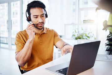 Canvas Print - Customer support laptop, call center and man talking on contact us, telemarketing communication or online telecom. Web consultant, information technology or male callcenter consulting on microphone