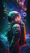 Astronaut in space suit with planets floating around with vibrant, neon colors orange, gold, pink, green and blue, ai.