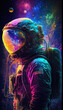 Astronaut in space suit with vibrant, neon colors orange, gold, pink and blue, ai.