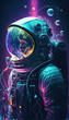 Astronaut in space suit with little planets and vibrant, neon colors purple, blue and gold, ai.