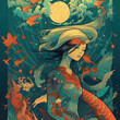 Woman With Koi Fish, Ocean Water and Moon, Illustration, ai.