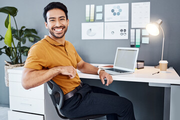 Sticker - Portrait, workplace smile or happy man, business employee or male agent relax after for creative research. Web designer, SEO success or person with confidence, career growth or done with UX webdesign