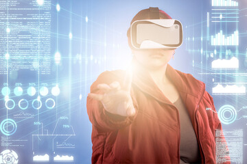 Aufkleber - Light, woman or virtual reality glasses with overlay for digital transformation, 3d charts or graphs online. Girl with vr headset in holographic cybersecurity technology for big data or future news