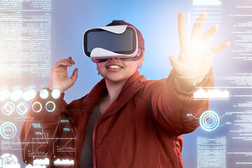 Aufkleber - Light, woman or virtual reality glasses with hologram for digital transformation, 3d charts or graphs online. Girl with vr headset in holographic cybersecurity technology for big data or future news