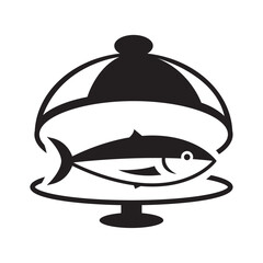 Wall Mural - Drawing tunafish in food tray, black seafood symbol illustration on white background.