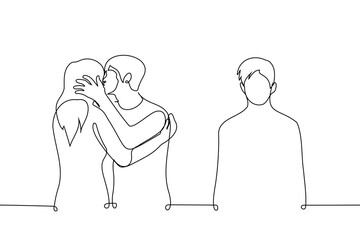 Wall Mural - lonely man stands aside while another kisses a woman - one line drawing vector. concept jealousy, envy, betrayal, broken heart, unrequited love