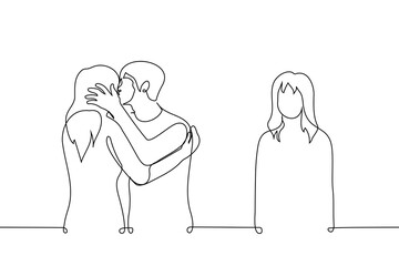 Wall Mural - lonely woman standing aside while man kissing woman - one line drawing vector. concept jealousy, envy, betrayal, broken heart