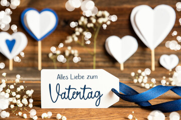 Label With White Decoration, Heart, Flower, Vatertag Means Fathers Day