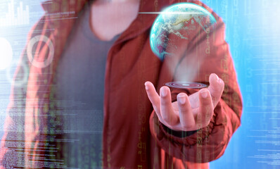 Leinwandbilder - Earth hologram, global network or hand of person with data analysis or worldwide communication networking. Cloud computing hacker, holographic planet ui or cyber user with globe digital analytics