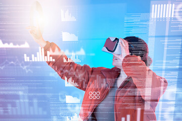 Aufkleber - Data, woman or virtual reality glasses with overlay for digital transformation, charts or graphs online. Girl with vr headset in holographic cyber 3d technology for innovation, light or future news