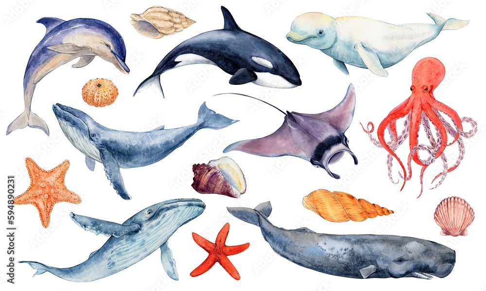 Watercolor set of inhabitants of the seas and oceans. Stock ...