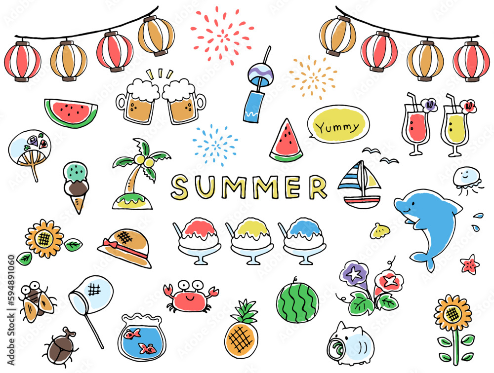 Vector de Stock 夏の手描きイラスト素材・アイコンセット | Adobe Stock