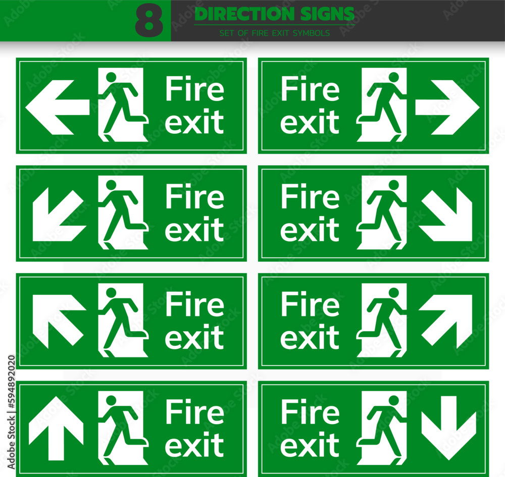 set of isolated direction emergency exit, fire safety symbols on green rectangle board notification sign for pictograms, icon, label, logo or package industry etc. flat style vector design.