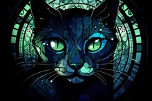 Illustration Of Abstract Cat Head With Big Glowing Eyes Created With Generative AI Technology