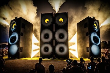 Wall Mural - large-scale sound system with multiple speakers and lights at a concert or music festival, created with generative ai