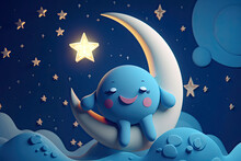 Cute Blue Creature Sleeping On Yellow Moon On Clouds With Stars, Created With Generative AI