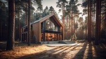 Modern Small Wooden House In The Scandinavian Style Barnhouse, With A Metal Roof In Forest. AI Generated