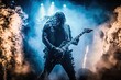 © OMD - heavy metal guitarist performing on stage, surrounded by smoke and lights, created with generative ai