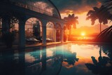 Fototapeta Londyn - swimming pool with view of stunning sunset, with warm and cozy atmosphere, created with generative ai