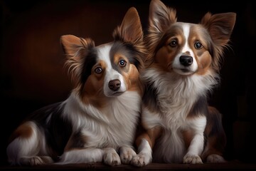 Canvas Print - portrait of two cute dogs sitting side by side, with their heads turned towards the camera, created with generative ai