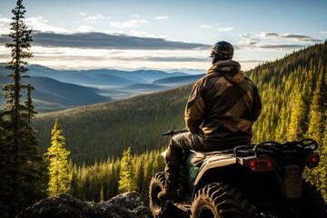 Poster - person, enjoying the view from atop their atv, with forest in the background, created with generative ai