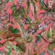 Tropical botanical wallpaper. Seamless pattern with tropical leaves and flowers. Stock illustration painted in watercolor