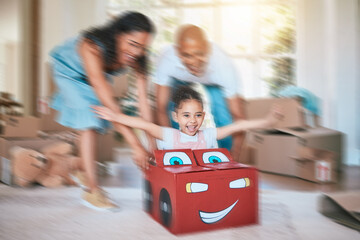 Sticker - Family, fun and motion blur with a girl in a toy car, being pushed by her mother and father in the living room. Children, excitement or love with a man, woman and daughter playing together at home