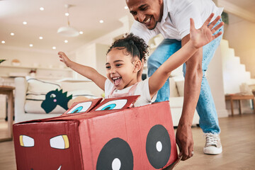 Sticker - Car, cardboard and father playing child in fantasy game bonding in a living room or home lounge together. Happiness, happy and single parent or dad having fun with kid or daughter excited to play