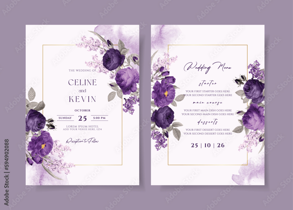 Watercolor wedding invitation template set with romantic purple floral ...