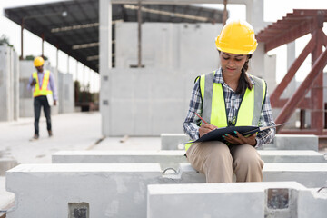 Wall Mural - India engineer woman working with document at precast site work	