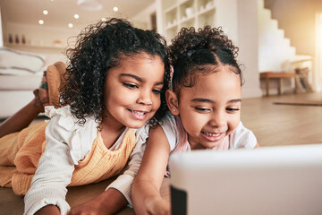 Wall Mural - Tablet, friends and girls on the floor, playing and happiness for bonding, break and relaxing at home on break. Female children, happy kids and online games in living room, smile and watching a movie