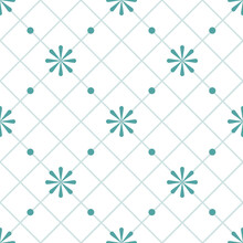 White Tone Background, Green Lines Diagonal Strips. Decorated With Pastel Green Flowers And Small Green Circles, It Is A Seamless Pattern That Is A Beautiful, Cute And Warm.