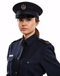 Young Female Police Officer in Uniform Standing on White Background