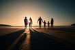 © Clayton Daniels/peopleimages.com - Silhouette, beach and big family holding hands in sunset on a holiday or vacation at sea or ocean together. Travel, love or shadow of people at sunrise in support, freedom and bonding by water mockup