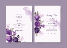 Watercolor Wedding Invitation Template Set With Romantic Purple Violet Floral And Leaves Decoration