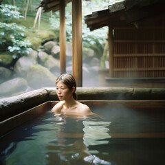  Woman relaxing and bathing in a traditional Japanese onsen, embracing serenity and rejuvenation, shallow depth of field, Illustrative Generative AI. not a real person.