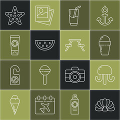 Poster - Set line Scallop sea shell, Jellyfish, Ice cream in waffle cone, Cocktail and alcohol drink, Watermelon, Sunscreen tube, Starfish and Picnic table with benches icon. Vector