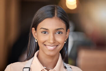 Sticker - Happy, smile and portrait of an Indian employee at work for corporate happiness and business. Young girl, headshot and a worker smiling with confidence in professional career, work and management