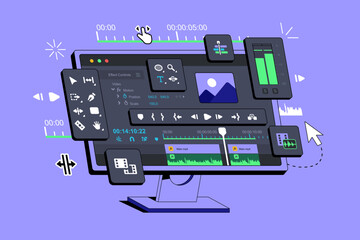 The Video Editor Program is displayed on the computer. The display shows the Application for editing Video clips. Film Footage montage. Clip Editing Software Interface. Creating visual effects vfx.
