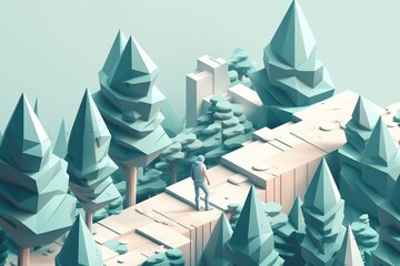 A Man Standing On A Bridge Surrounded By Trees And Rocks In A 3d Landscape Forest Graphic Design Forestry Generative AI