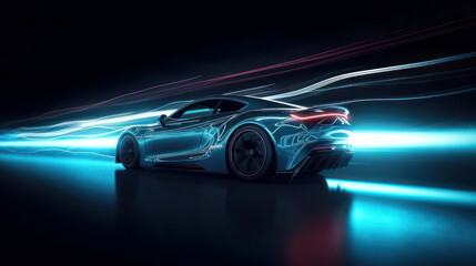 futuristic sports car on neon highway. powerful acceleration of a supercar with colorful lights trai