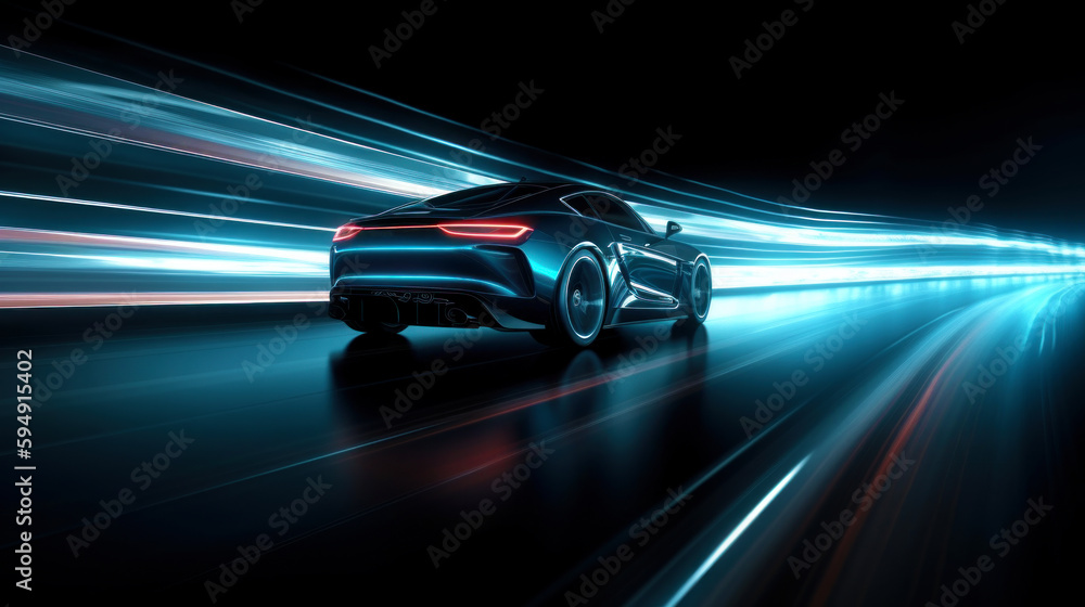 Futuristic Sports Car On Neon Highway. Powerful acceleration of a ...