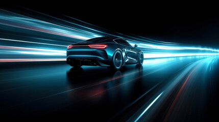 futuristic sports car on neon highway. powerful acceleration of a supercar with colorful lights trai